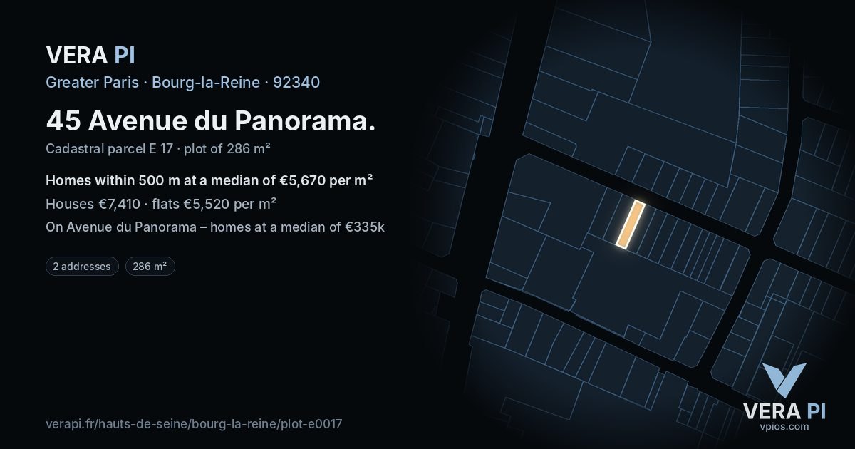 45 Avenue du Panorama, Bourg-la-Reine at night – the plot lit, the parcels around coloured by the prices near them