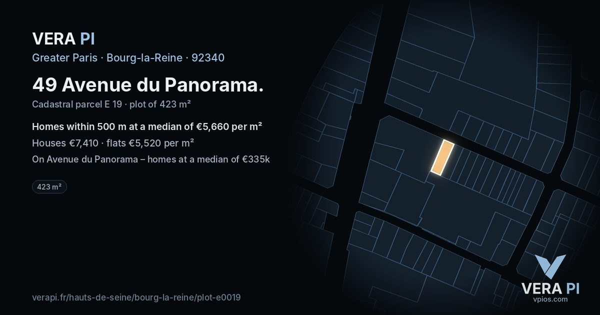49 Avenue du Panorama, Bourg-la-Reine at night – the plot lit, the parcels around coloured by the prices near them