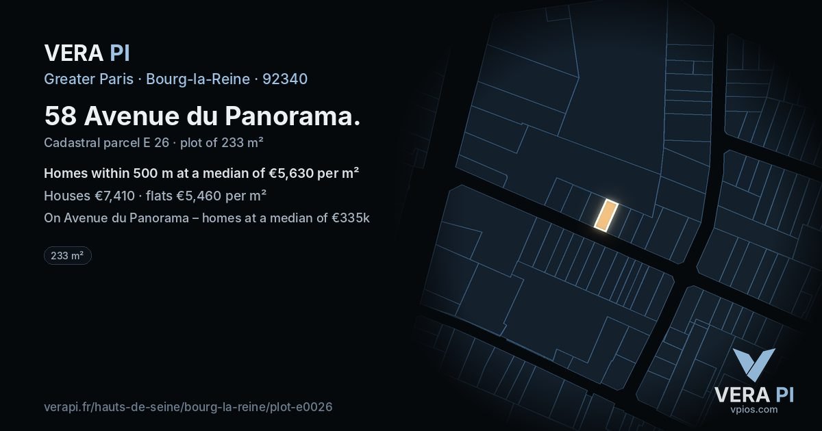 58 Avenue du Panorama, Bourg-la-Reine at night – the plot lit, the parcels around coloured by the prices near them