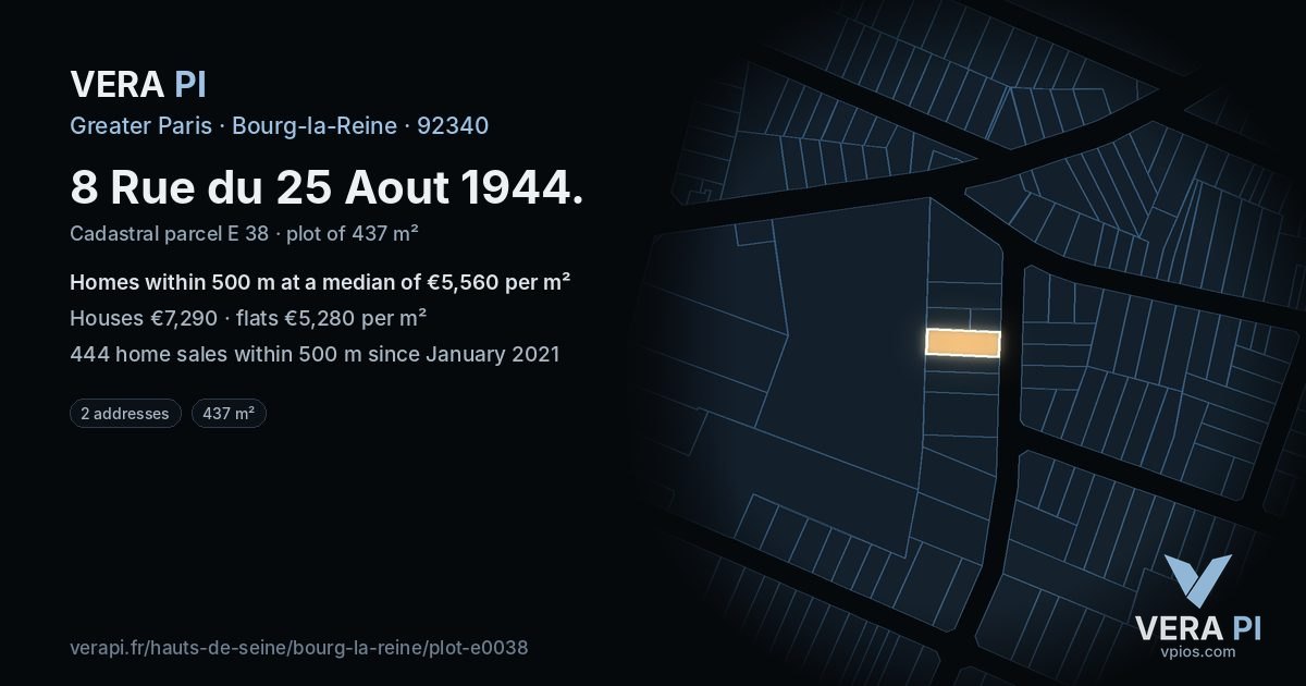 8 Rue du 25 Aout 1944, Bourg-la-Reine at night – the plot lit, the parcels around coloured by the prices near them