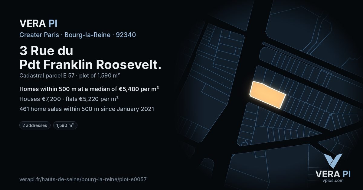 3 Rue du Pdt Franklin Roosevelt, Bourg-la-Reine at night – the plot lit, the parcels around coloured by the prices near them
