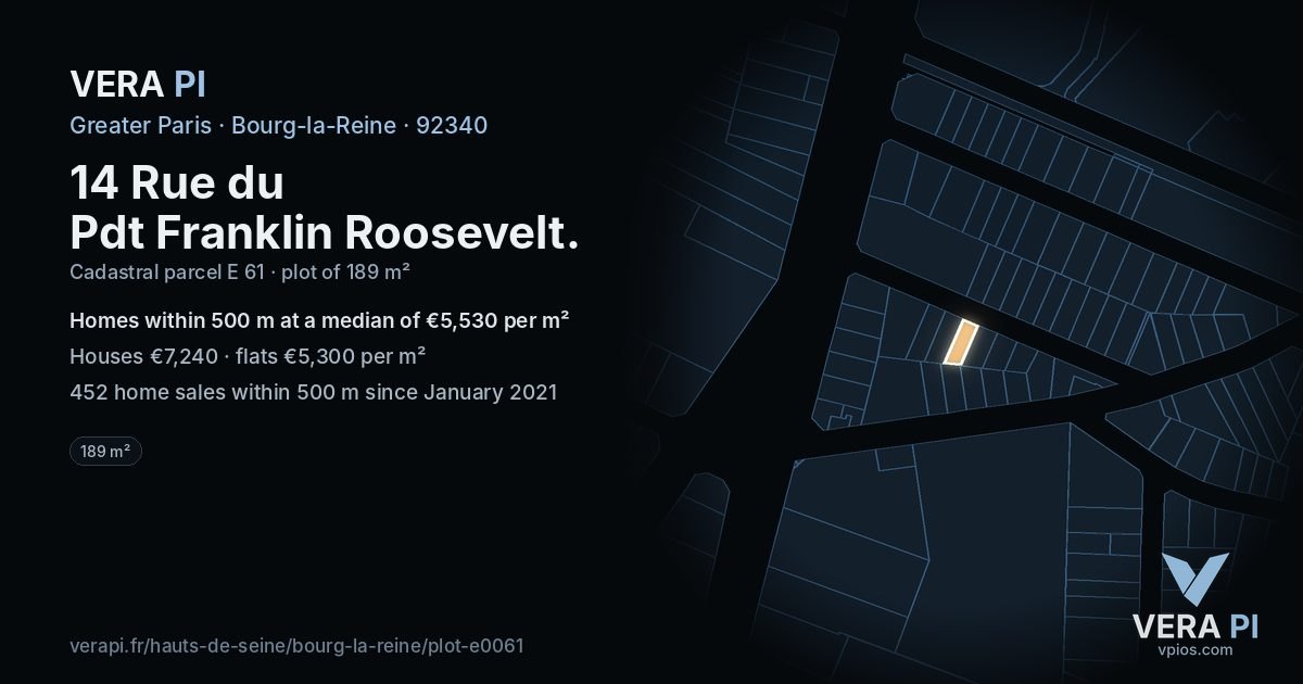 14 Rue du Pdt Franklin Roosevelt, Bourg-la-Reine at night – the plot lit, the parcels around coloured by the prices near them