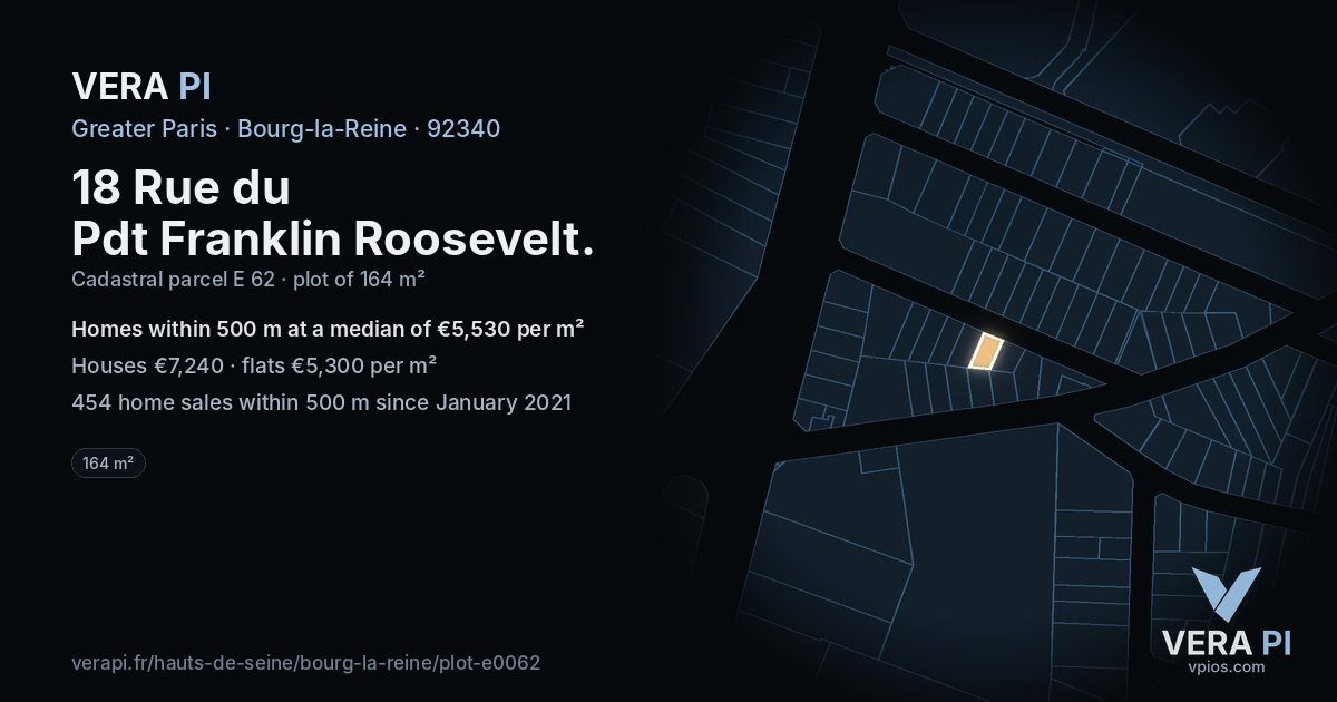 18 Rue du Pdt Franklin Roosevelt, Bourg-la-Reine at night – the plot lit, the parcels around coloured by the prices near them