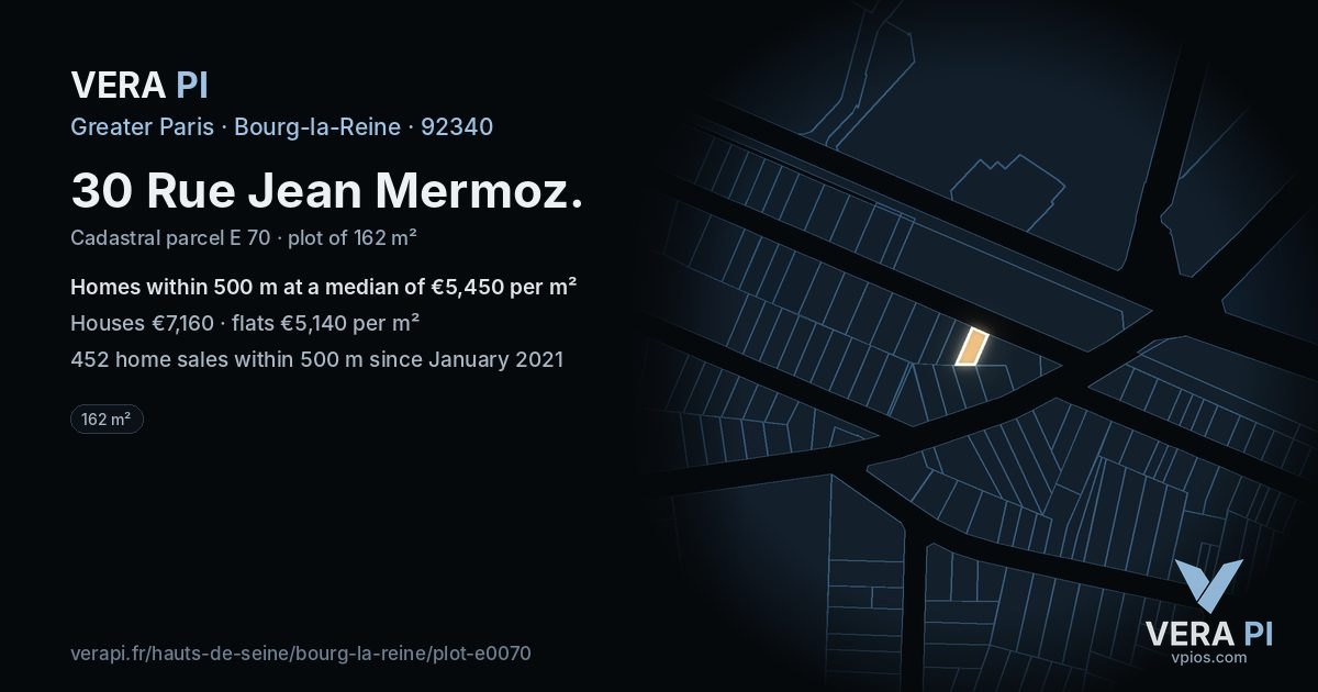 30 Rue Jean Mermoz, Bourg-la-Reine at night – the plot lit, the parcels around coloured by the prices near them