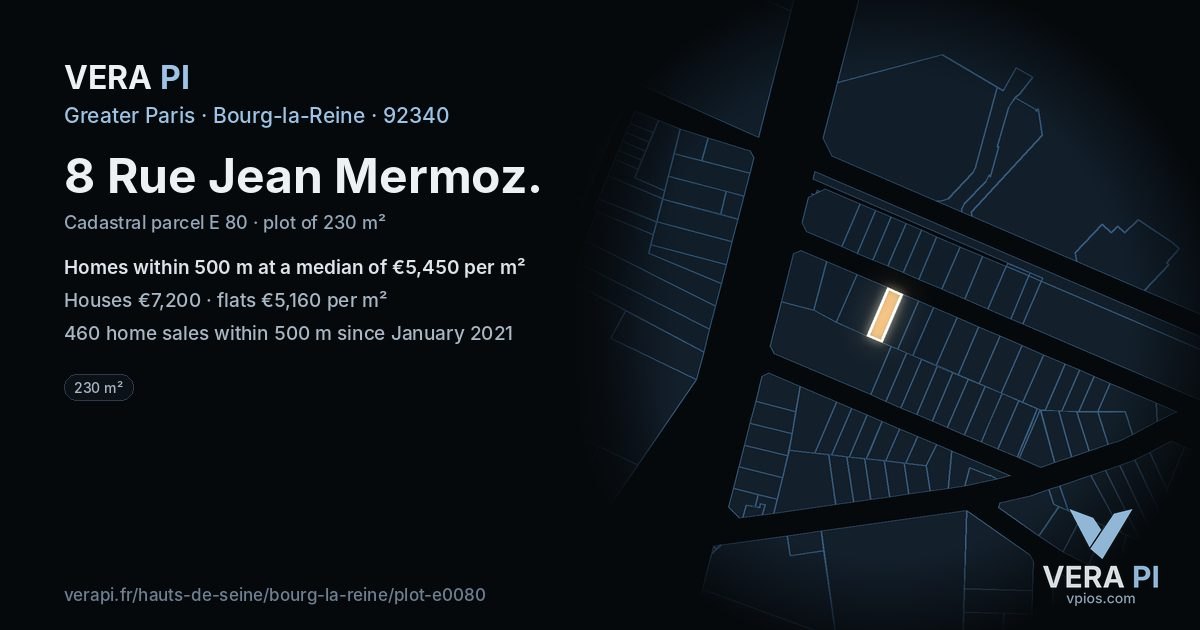 8 Rue Jean Mermoz, Bourg-la-Reine at night – the plot lit, the parcels around coloured by the prices near them