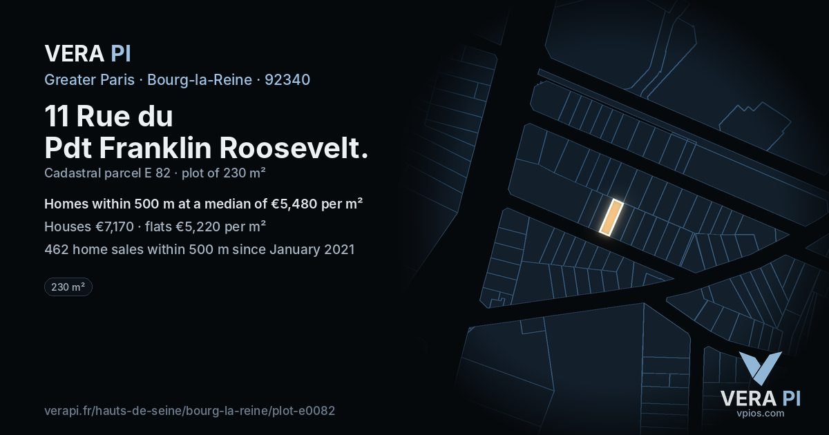 11 Rue du Pdt Franklin Roosevelt, Bourg-la-Reine at night – the plot lit, the parcels around coloured by the prices near them