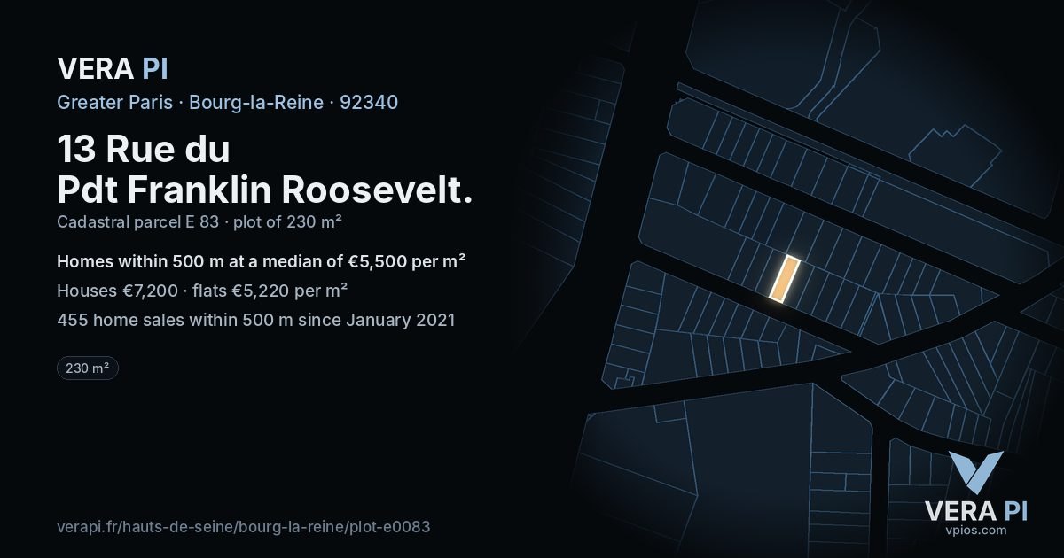 13 Rue du Pdt Franklin Roosevelt, Bourg-la-Reine at night – the plot lit, the parcels around coloured by the prices near them