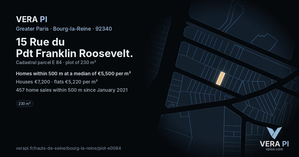 15 Rue du Pdt Franklin Roosevelt, Bourg-la-Reine at night – the plot lit, the parcels around coloured by the prices near them