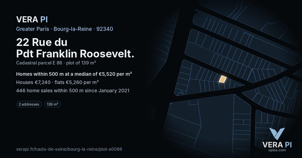 22 Rue du Pdt Franklin Roosevelt, Bourg-la-Reine at night – the plot lit, the parcels around coloured by the prices near them