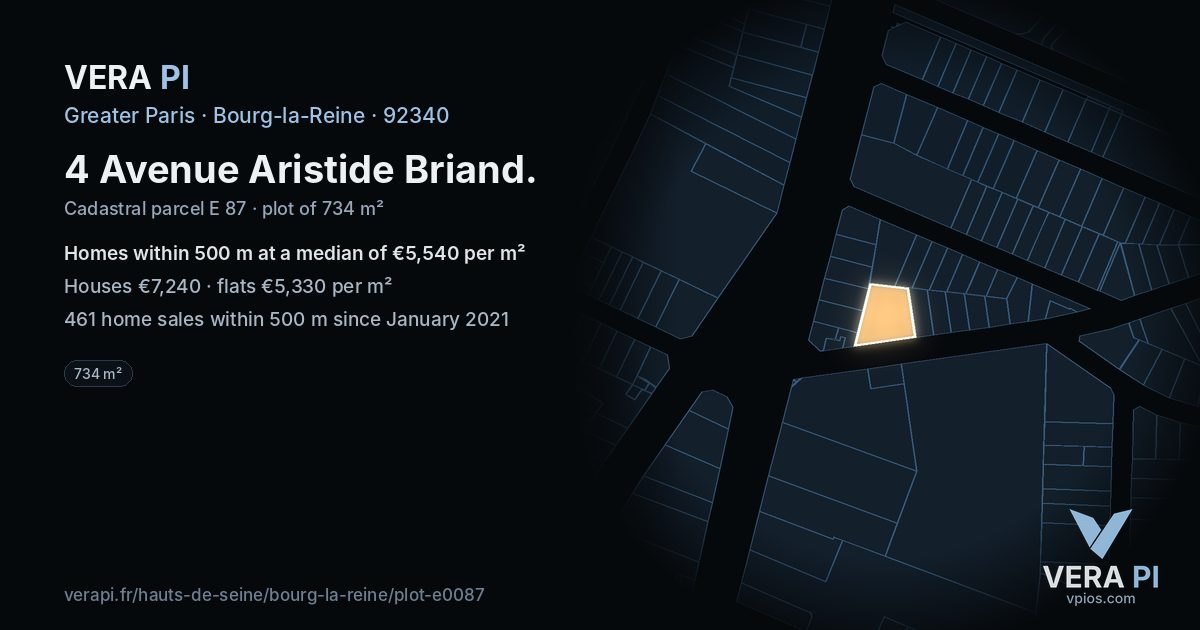 4 Avenue Aristide Briand, Bourg-la-Reine at night – the plot lit, the parcels around coloured by the prices near them