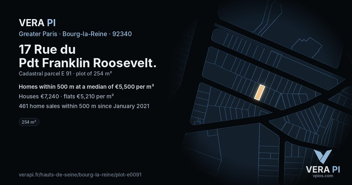17 Rue du Pdt Franklin Roosevelt, Bourg-la-Reine at night – the plot lit, the parcels around coloured by the prices near them
