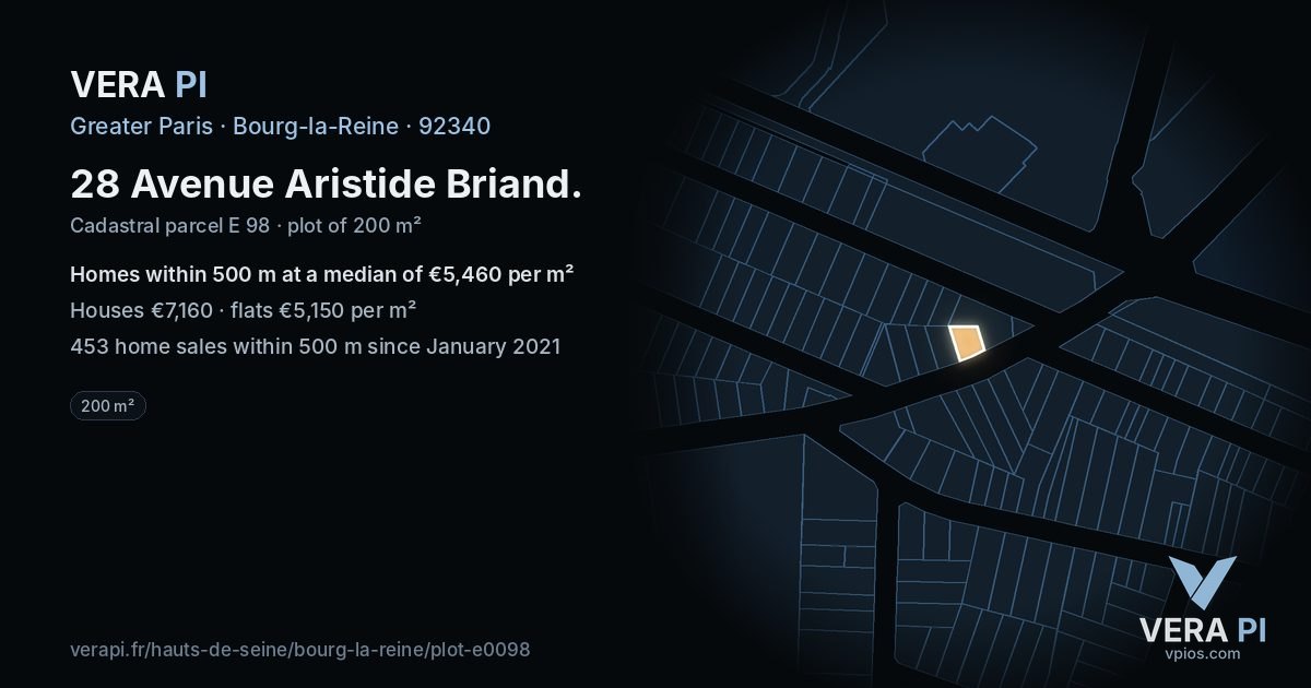 28 Avenue Aristide Briand, Bourg-la-Reine at night – the plot lit, the parcels around coloured by the prices near them