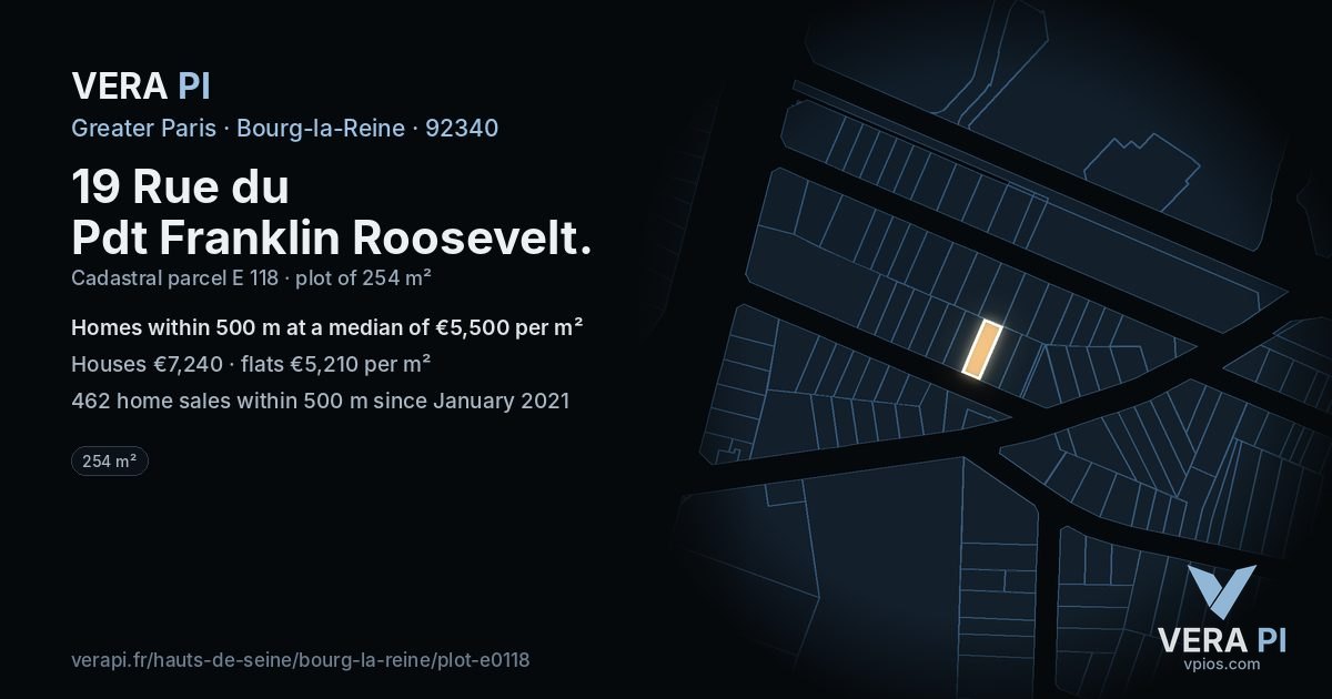 19 Rue du Pdt Franklin Roosevelt, Bourg-la-Reine at night – the plot lit, the parcels around coloured by the prices near them