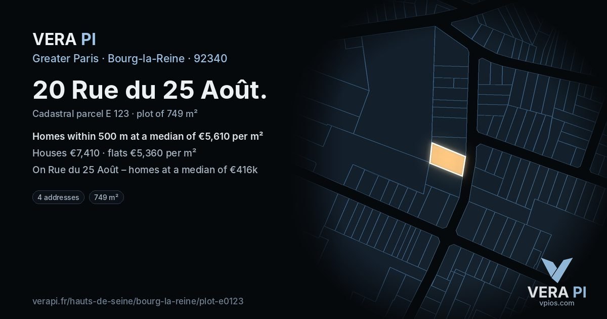 20 Rue du 25 Août, Bourg-la-Reine at night – the plot lit, the parcels around coloured by the prices near them