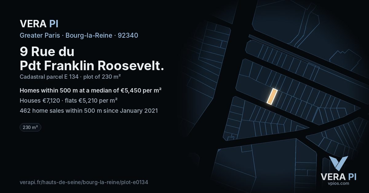 9 Rue du Pdt Franklin Roosevelt, Bourg-la-Reine at night – the plot lit, the parcels around coloured by the prices near them