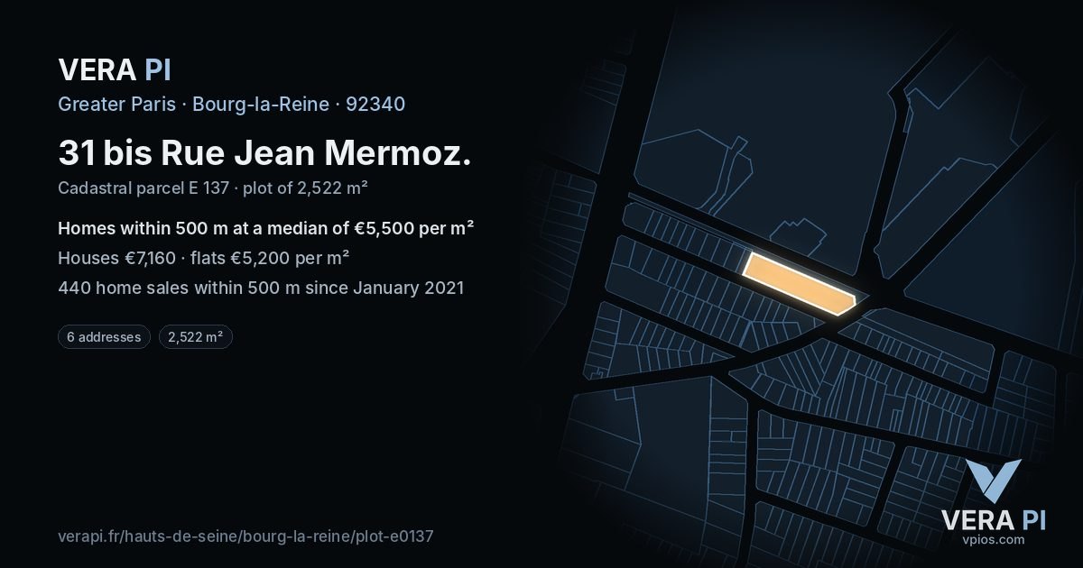 31 bis Rue Jean Mermoz, Bourg-la-Reine at night – the plot lit, the parcels around coloured by the prices near them
