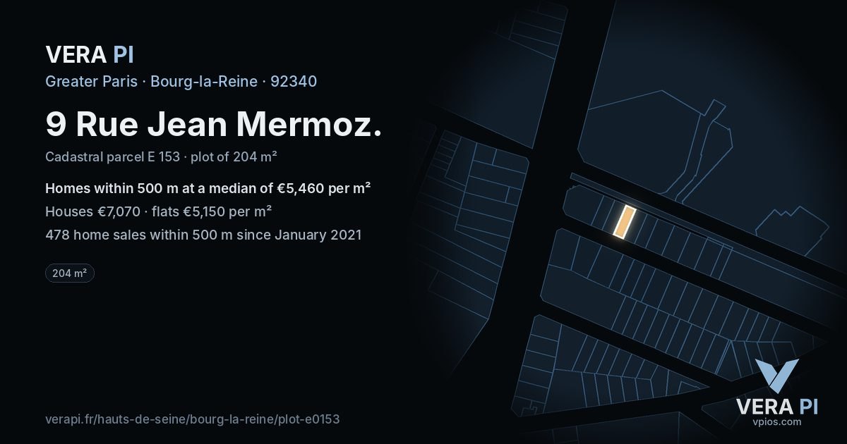 9 Rue Jean Mermoz, Bourg-la-Reine at night – the plot lit, the parcels around coloured by the prices near them