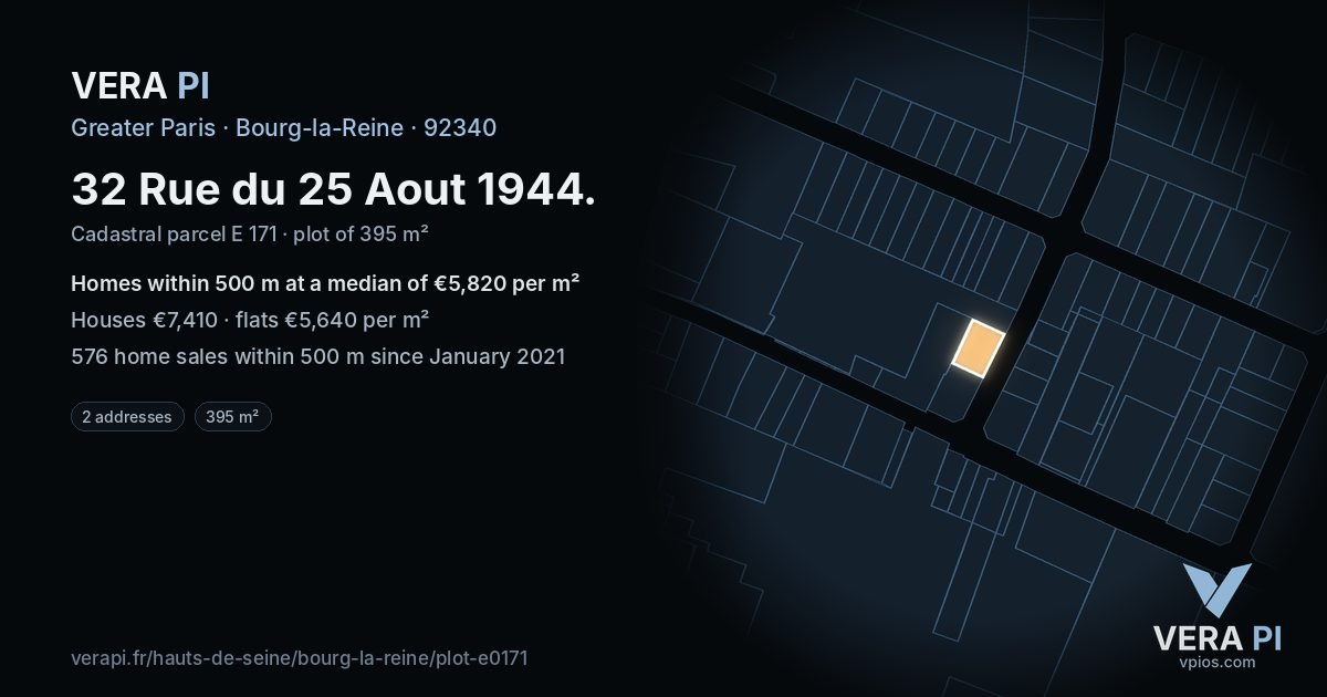 32 Rue du 25 Aout 1944, Bourg-la-Reine at night – the plot lit, the parcels around coloured by the prices near them