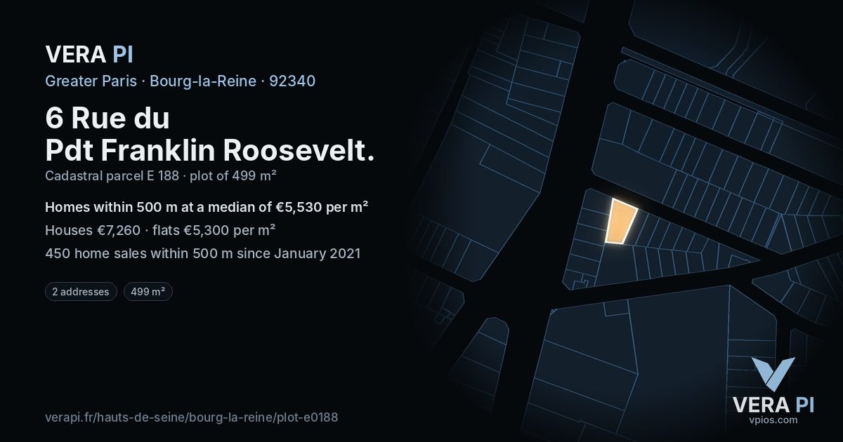 6 Rue du Pdt Franklin Roosevelt, Bourg-la-Reine at night – the plot lit, the parcels around coloured by the prices near them