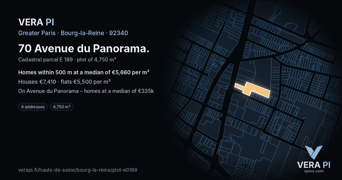 70 Avenue du Panorama, Bourg-la-Reine at night – the plot lit, the parcels around coloured by the prices near them