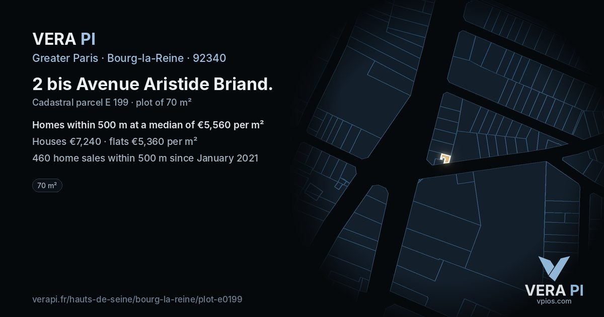 2 bis Avenue Aristide Briand, Bourg-la-Reine at night – the plot lit, the parcels around coloured by the prices near them