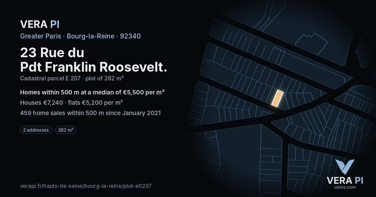 23 Rue du Pdt Franklin Roosevelt, Bourg-la-Reine at night – the plot lit, the parcels around coloured by the prices near them