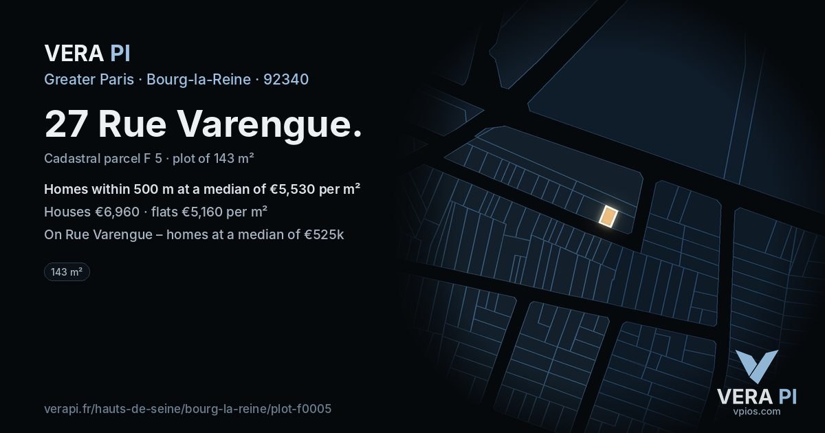 27 Rue Varengue, Bourg-la-Reine at night – the plot lit, the parcels around coloured by the prices near them