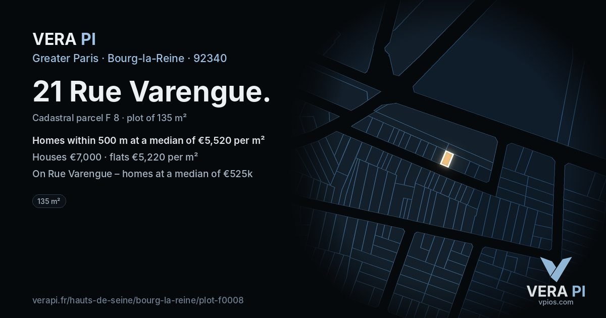 21 Rue Varengue, Bourg-la-Reine at night – the plot lit, the parcels around coloured by the prices near them