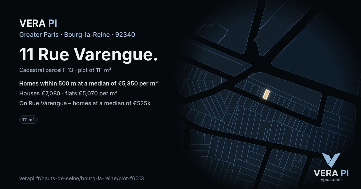 11 Rue Varengue, Bourg-la-Reine at night – the plot lit, the parcels around coloured by the prices near them