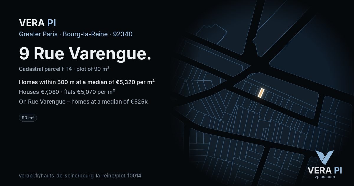 9 Rue Varengue, Bourg-la-Reine at night – the plot lit, the parcels around coloured by the prices near them