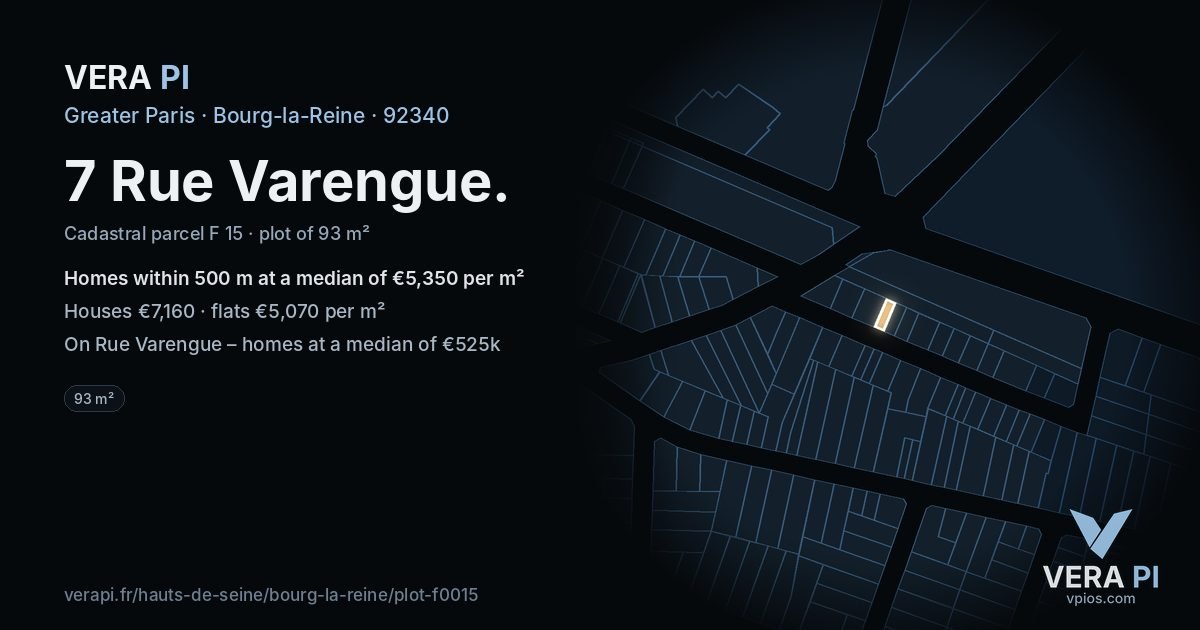 7 Rue Varengue, Bourg-la-Reine at night – the plot lit, the parcels around coloured by the prices near them