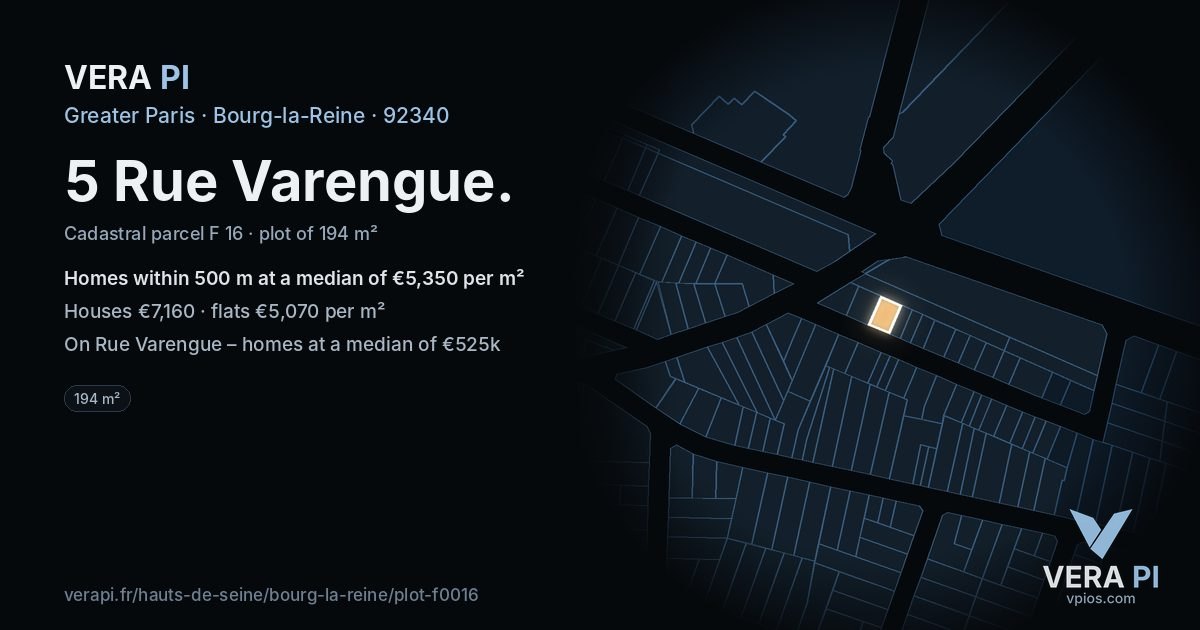 5 Rue Varengue, Bourg-la-Reine at night – the plot lit, the parcels around coloured by the prices near them