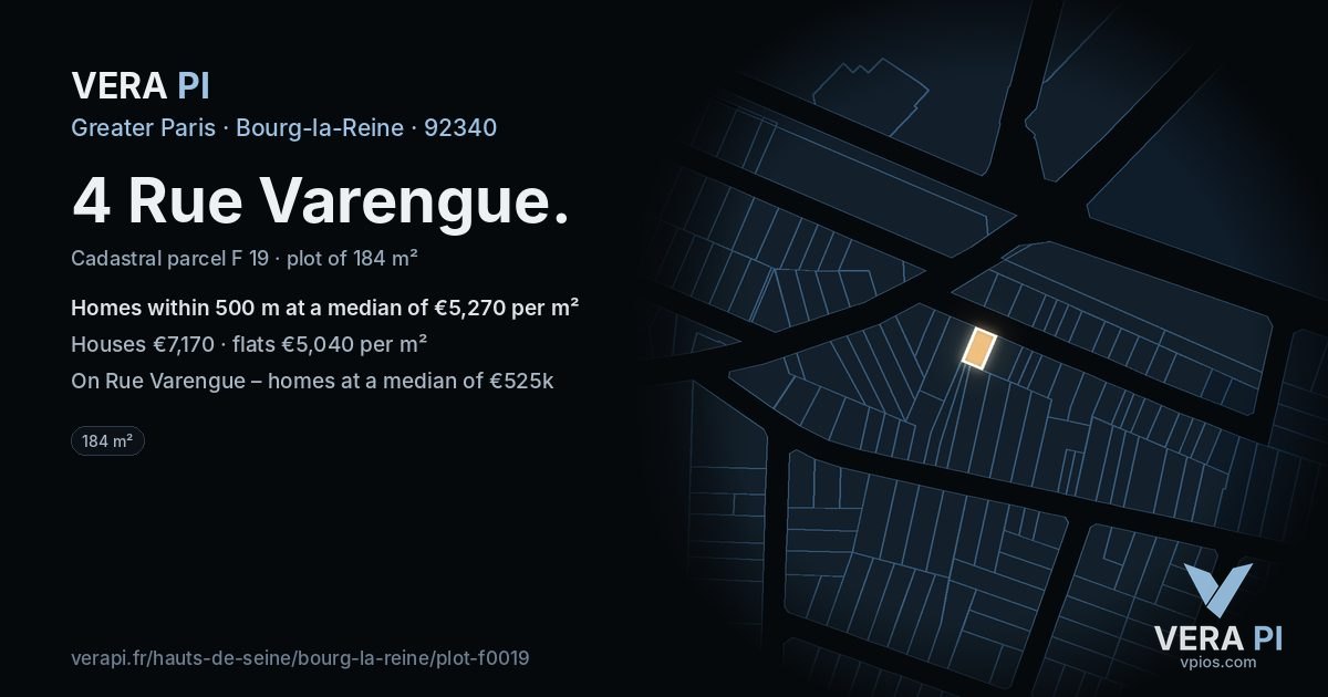 4 Rue Varengue, Bourg-la-Reine at night – the plot lit, the parcels around coloured by the prices near them