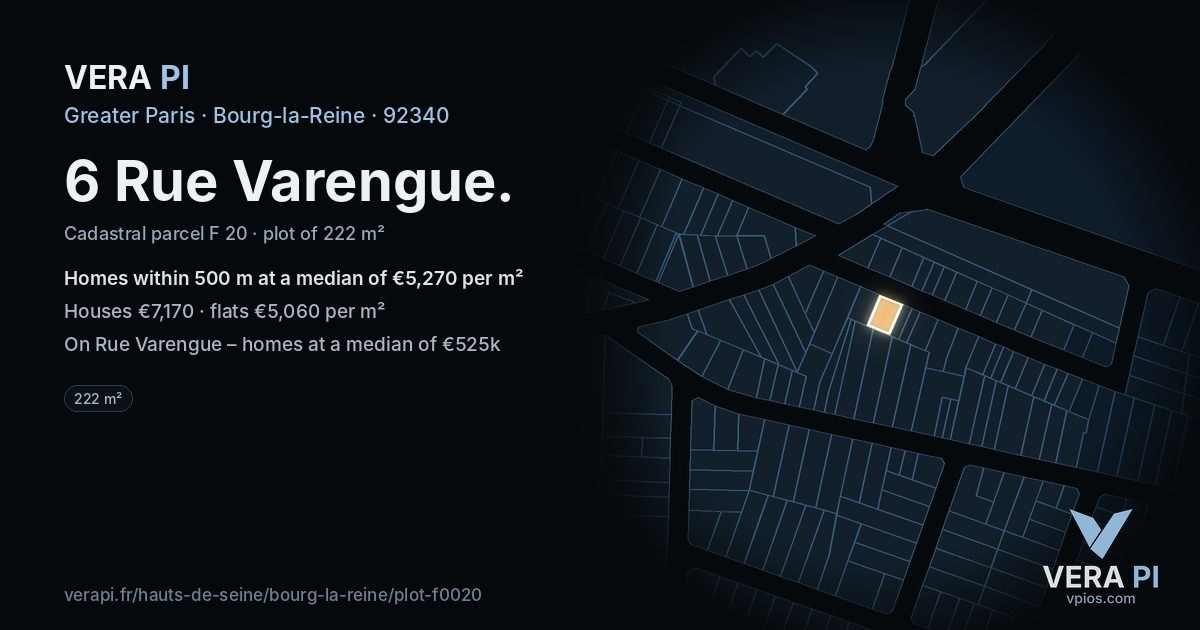 6 Rue Varengue, Bourg-la-Reine at night – the plot lit, the parcels around coloured by the prices near them