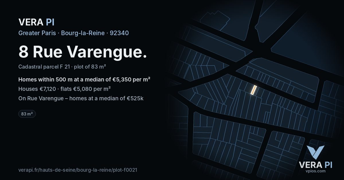 8 Rue Varengue, Bourg-la-Reine at night – the plot lit, the parcels around coloured by the prices near them