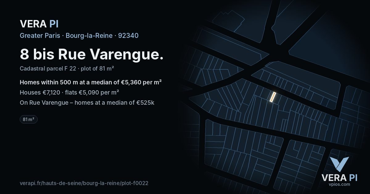 8 bis Rue Varengue, Bourg-la-Reine at night – the plot lit, the parcels around coloured by the prices near them