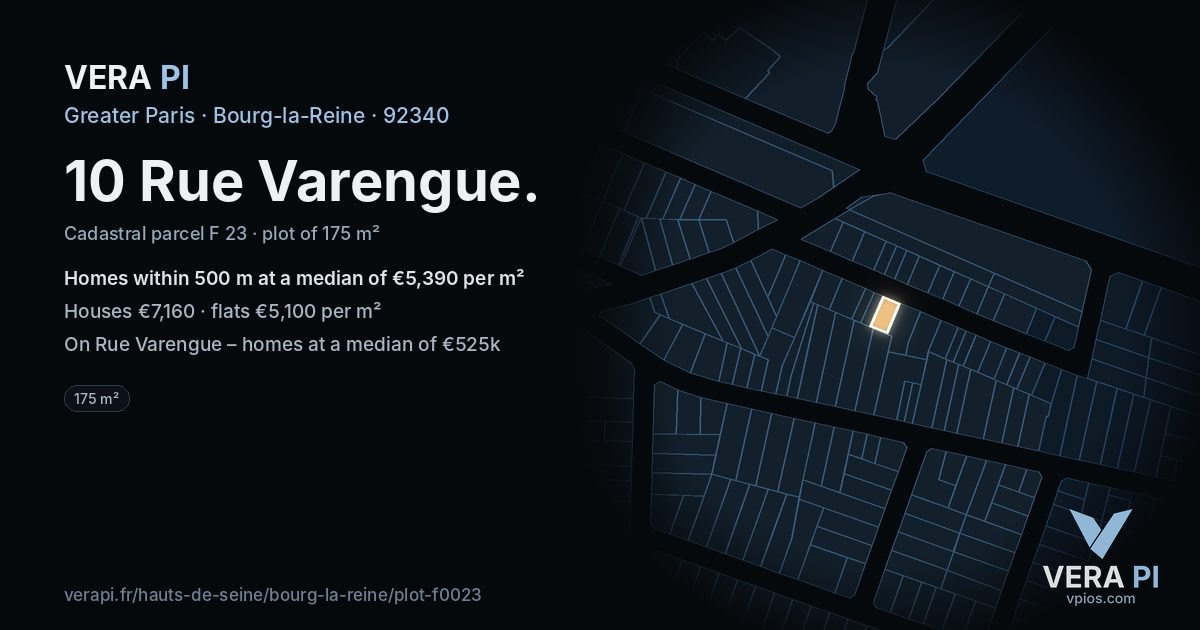 10 Rue Varengue, Bourg-la-Reine at night – the plot lit, the parcels around coloured by the prices near them