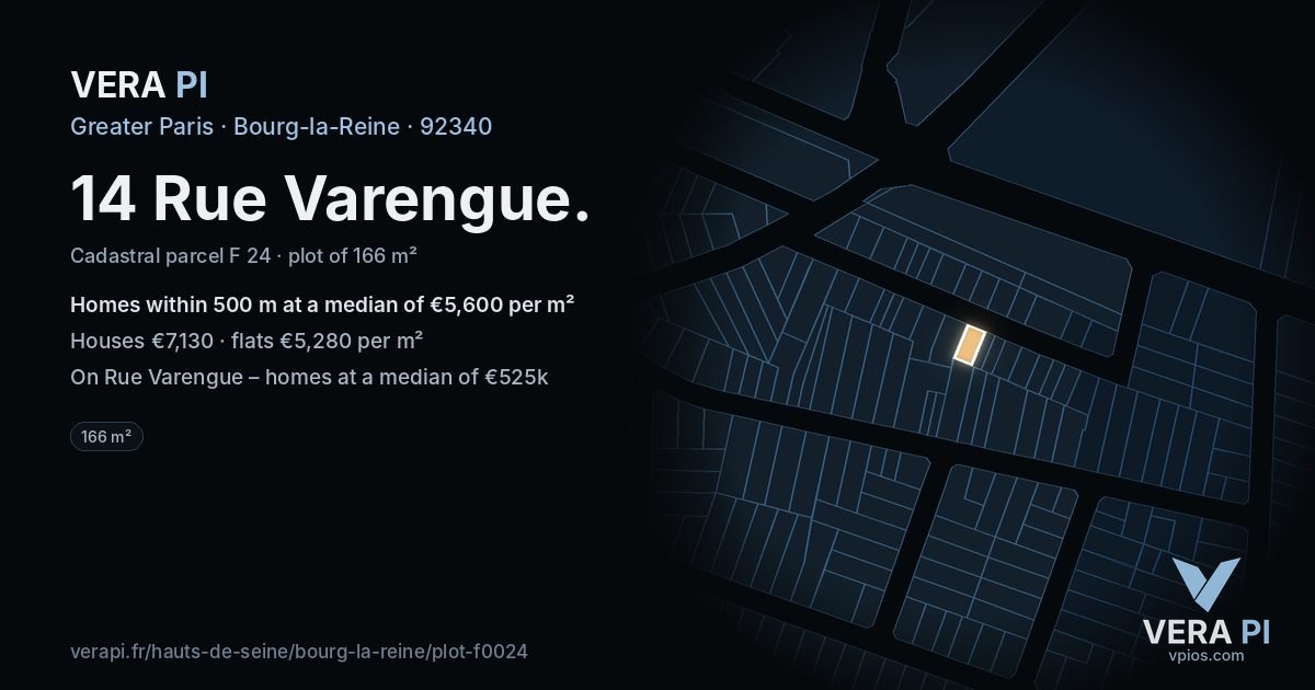 14 Rue Varengue, Bourg-la-Reine at night – the plot lit, the parcels around coloured by the prices near them