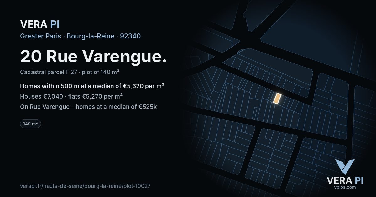 20 Rue Varengue, Bourg-la-Reine at night – the plot lit, the parcels around coloured by the prices near them