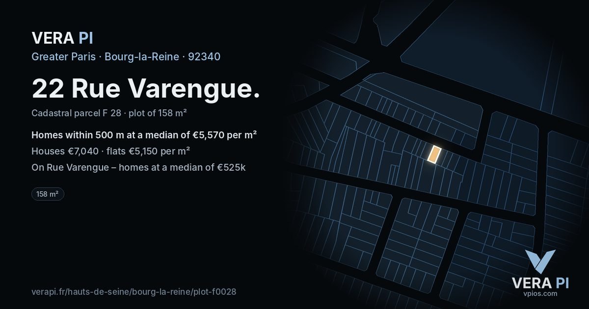 22 Rue Varengue, Bourg-la-Reine at night – the plot lit, the parcels around coloured by the prices near them