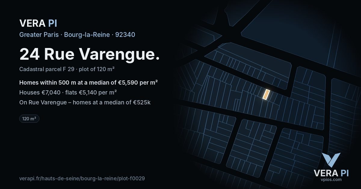 24 Rue Varengue, Bourg-la-Reine at night – the plot lit, the parcels around coloured by the prices near them