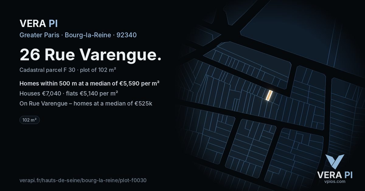 26 Rue Varengue, Bourg-la-Reine at night – the plot lit, the parcels around coloured by the prices near them