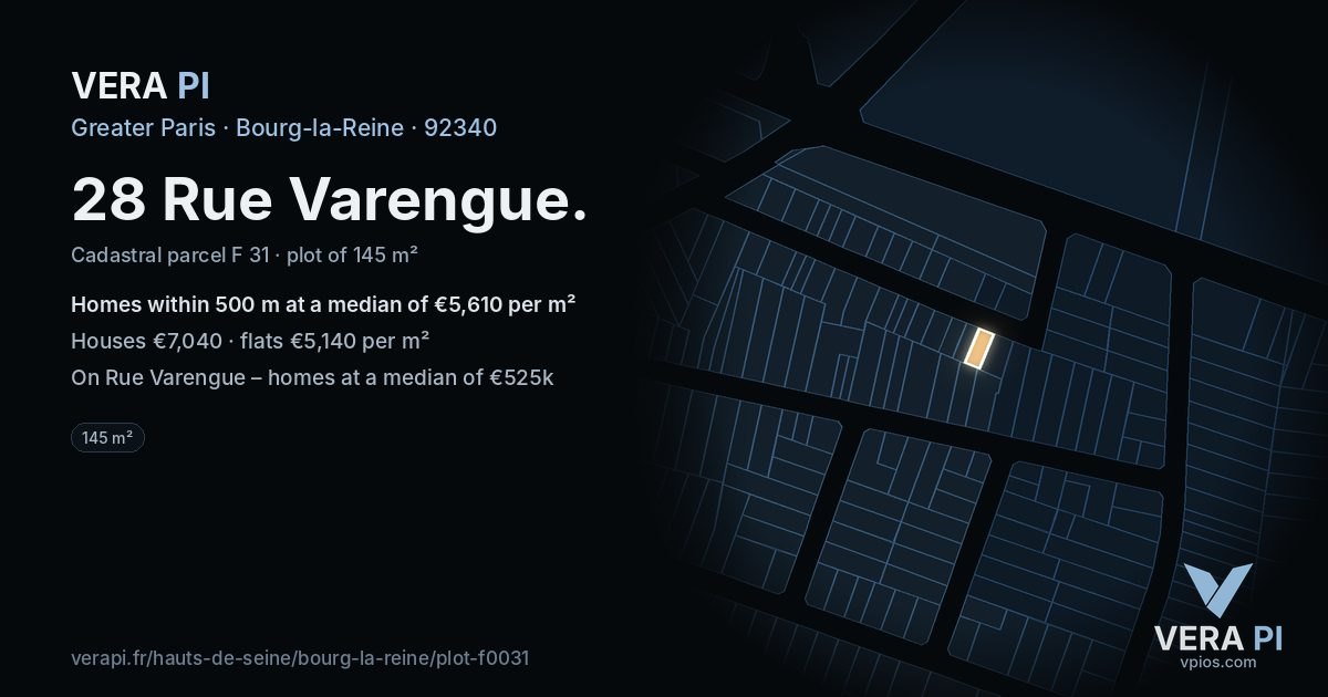28 Rue Varengue, Bourg-la-Reine at night – the plot lit, the parcels around coloured by the prices near them