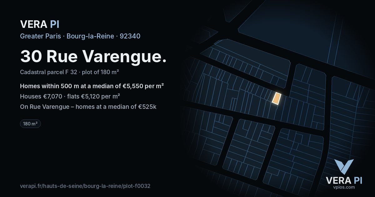 30 Rue Varengue, Bourg-la-Reine at night – the plot lit, the parcels around coloured by the prices near them