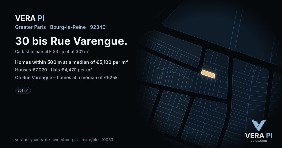 30 bis Rue Varengue, Bourg-la-Reine at night – the plot lit, the parcels around coloured by the prices near them