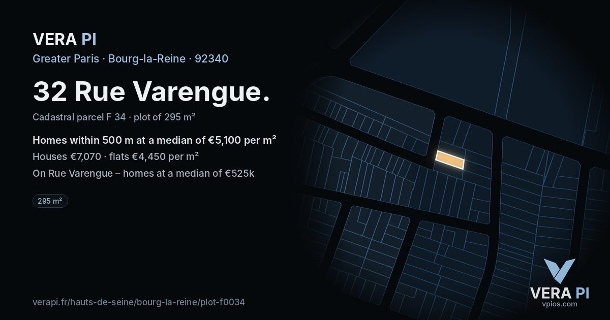 32 Rue Varengue, Bourg-la-Reine at night – the plot lit, the parcels around coloured by the prices near them
