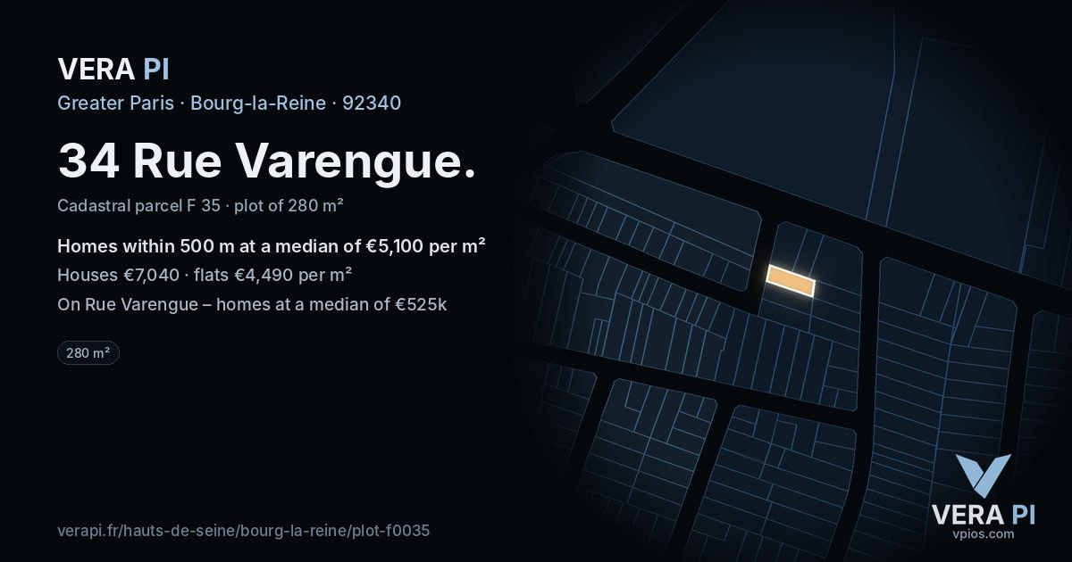 34 Rue Varengue, Bourg-la-Reine at night – the plot lit, the parcels around coloured by the prices near them