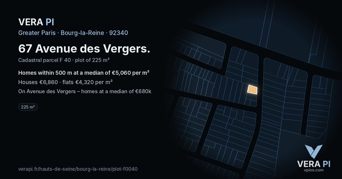 67 Avenue des Vergers, Bourg-la-Reine at night – the plot lit, the parcels around coloured by the prices near them