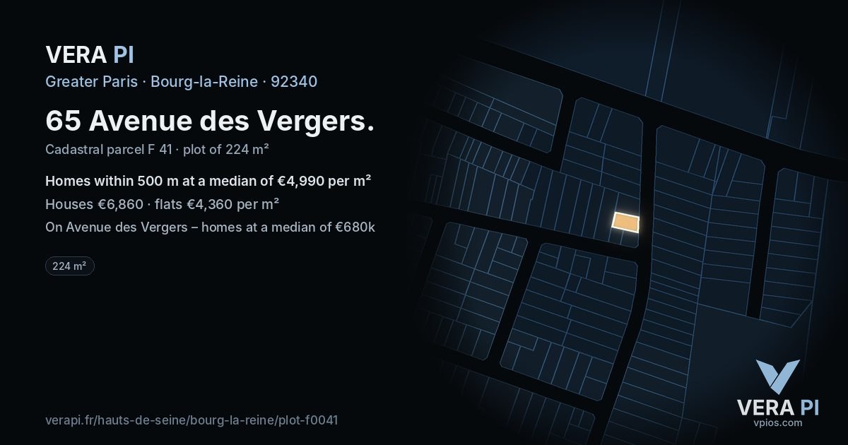 65 Avenue des Vergers, Bourg-la-Reine at night – the plot lit, the parcels around coloured by the prices near them