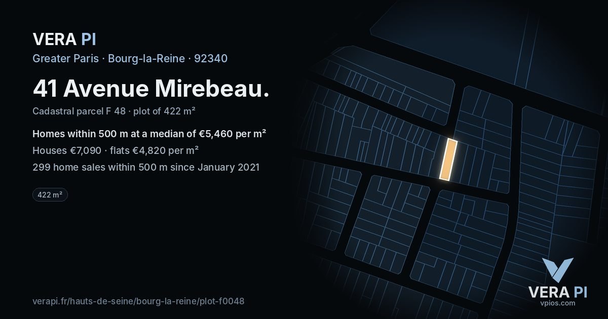 41 Avenue Mirebeau, Bourg-la-Reine at night – the plot lit, the parcels around coloured by the prices near them